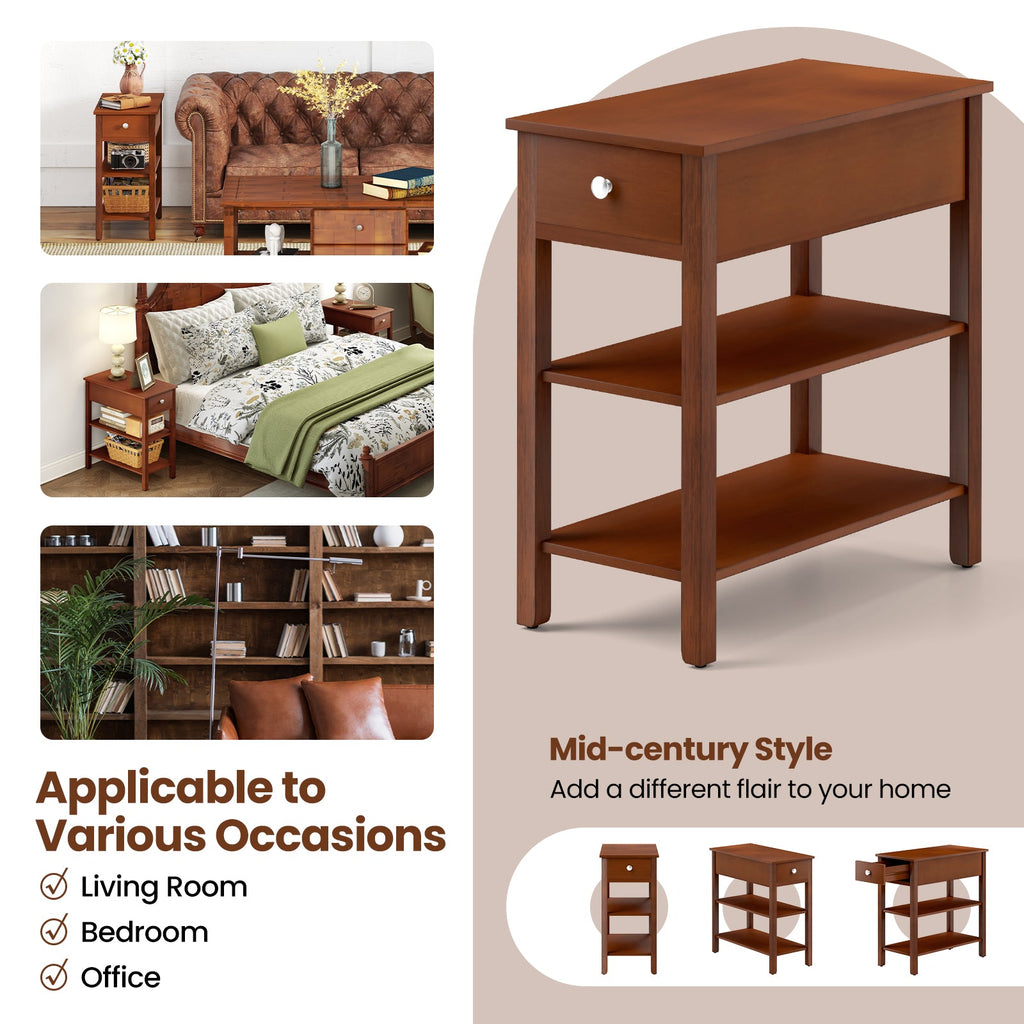3-Tier Narrow End Table with Drawer and Storage Shelves