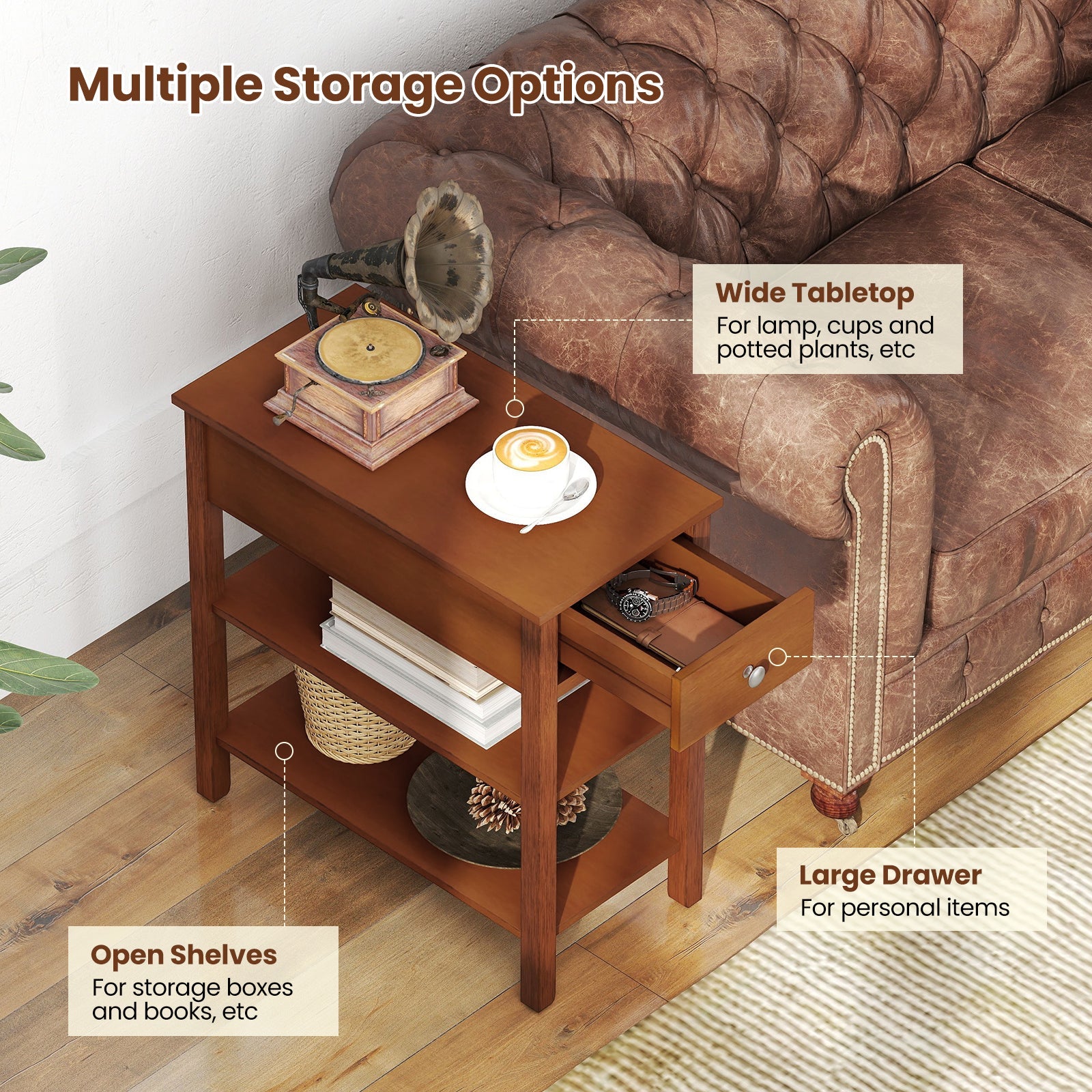 3-Tier Narrow End Table with Drawer and Storage Shelves