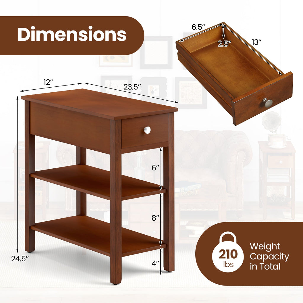 3-Tier Narrow End Table with Drawer and Storage Shelves