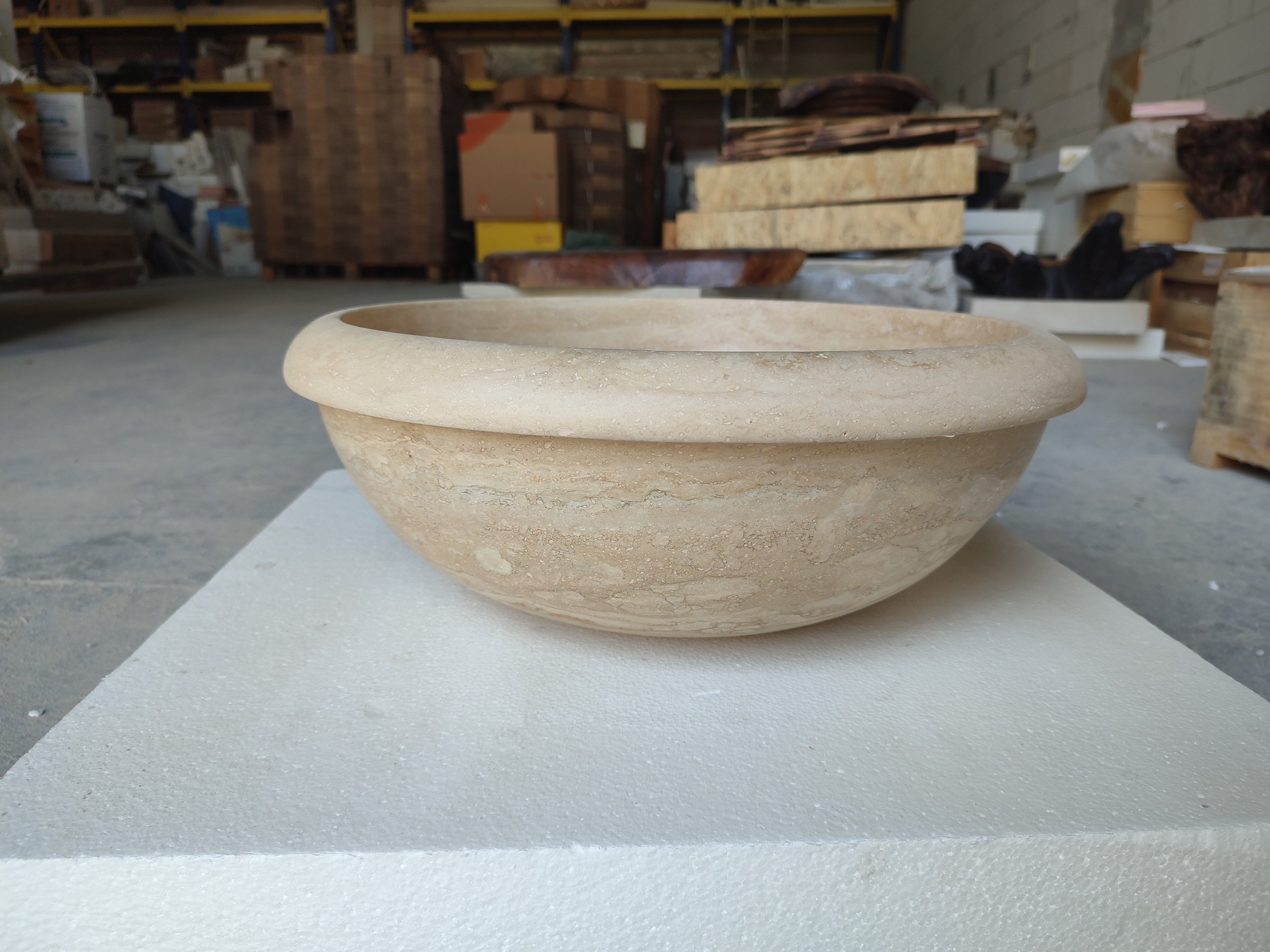 Light Travertine Round Vessel Sink 16 Inch Diameter - Honed Finish