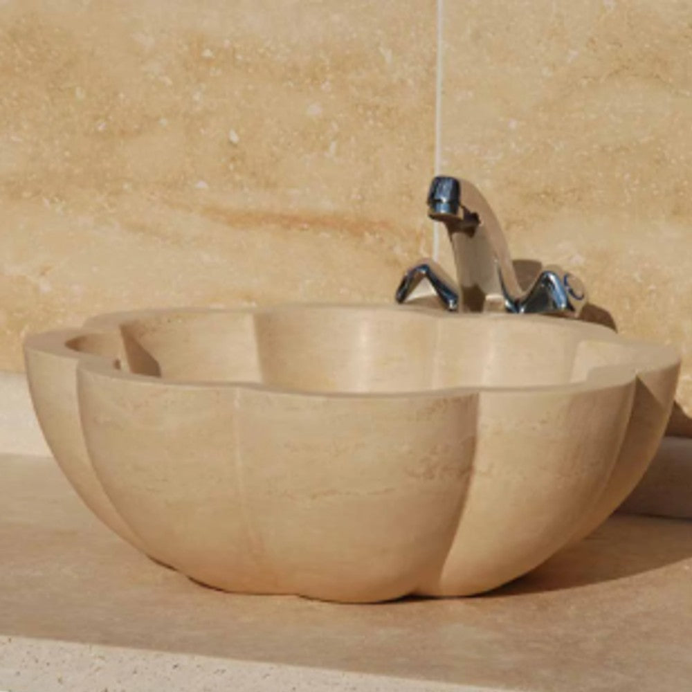 Turkish Travertine Pumpkin Shaped Vessel Sink - Handcrafted Natural Stone 16x6 Inches