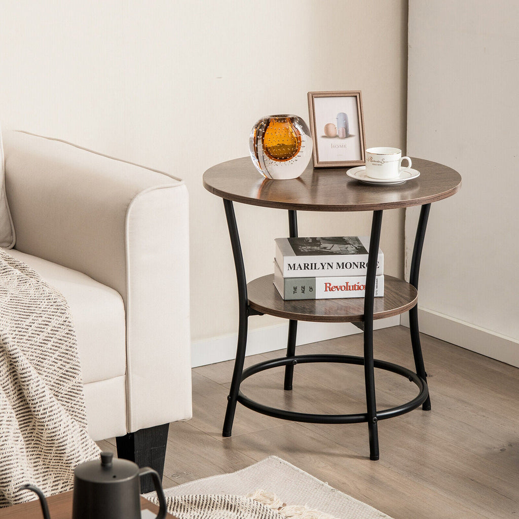 2-Tier Round End Table with Open Storage Shelf and Sturdy Metal Frame