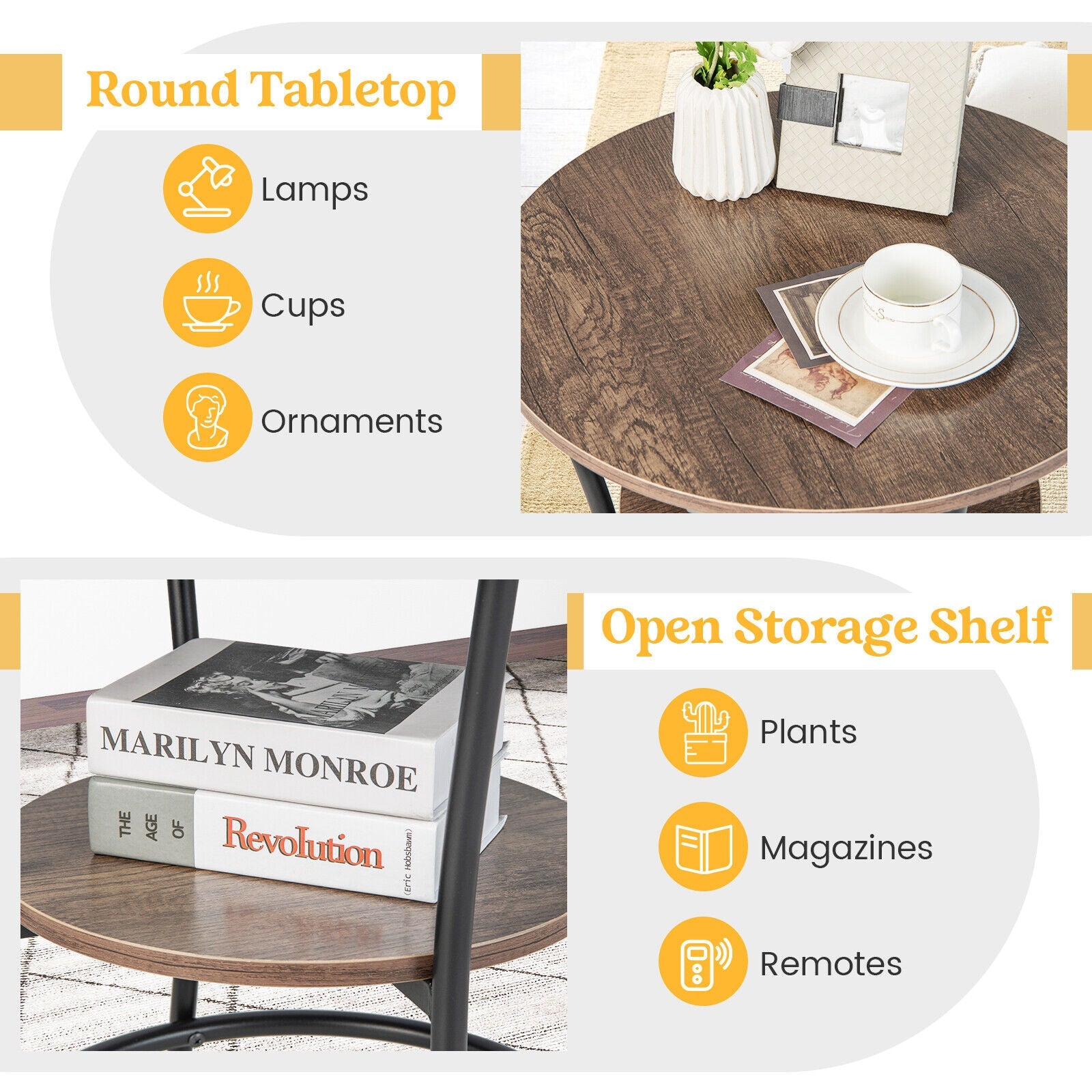 2-Tier Round End Table with Open Storage Shelf and Sturdy Metal Frame