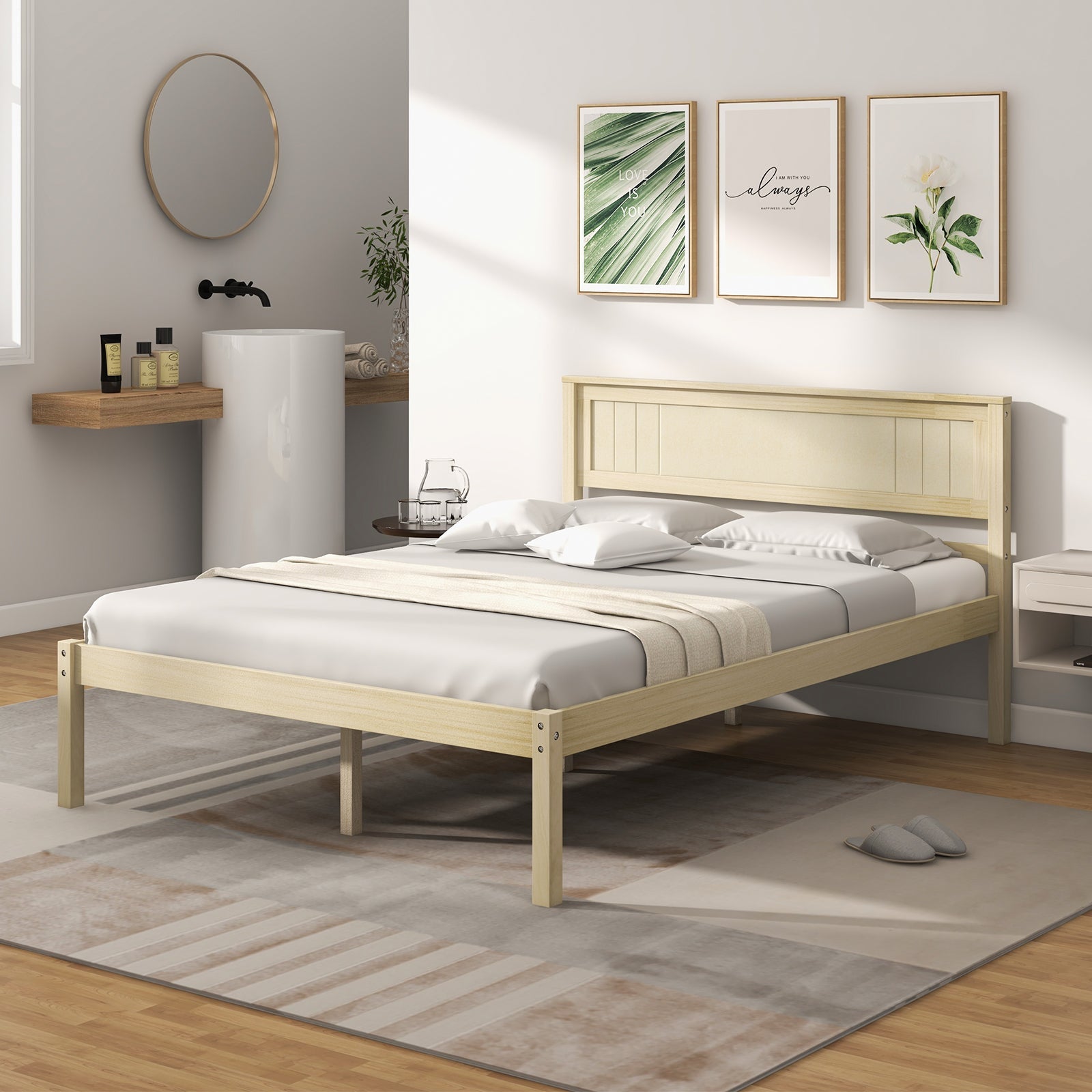 Twin/Full/Queen Size Wooden Bed Frame with Headboard and Slat Support