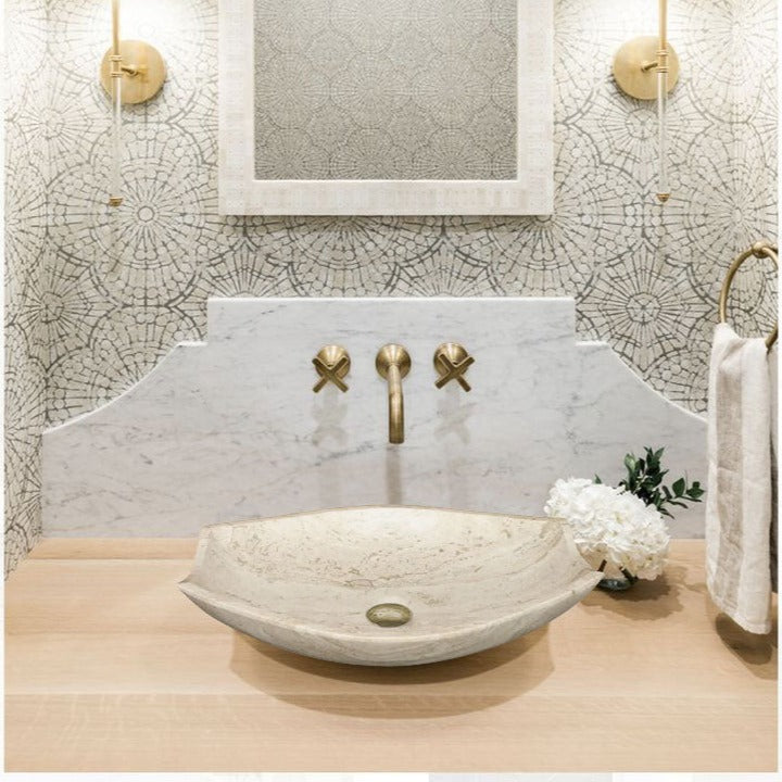 Handcrafted Authentic Polished Turkish Travertine Natural Stone Vessel Sink 20x12.5