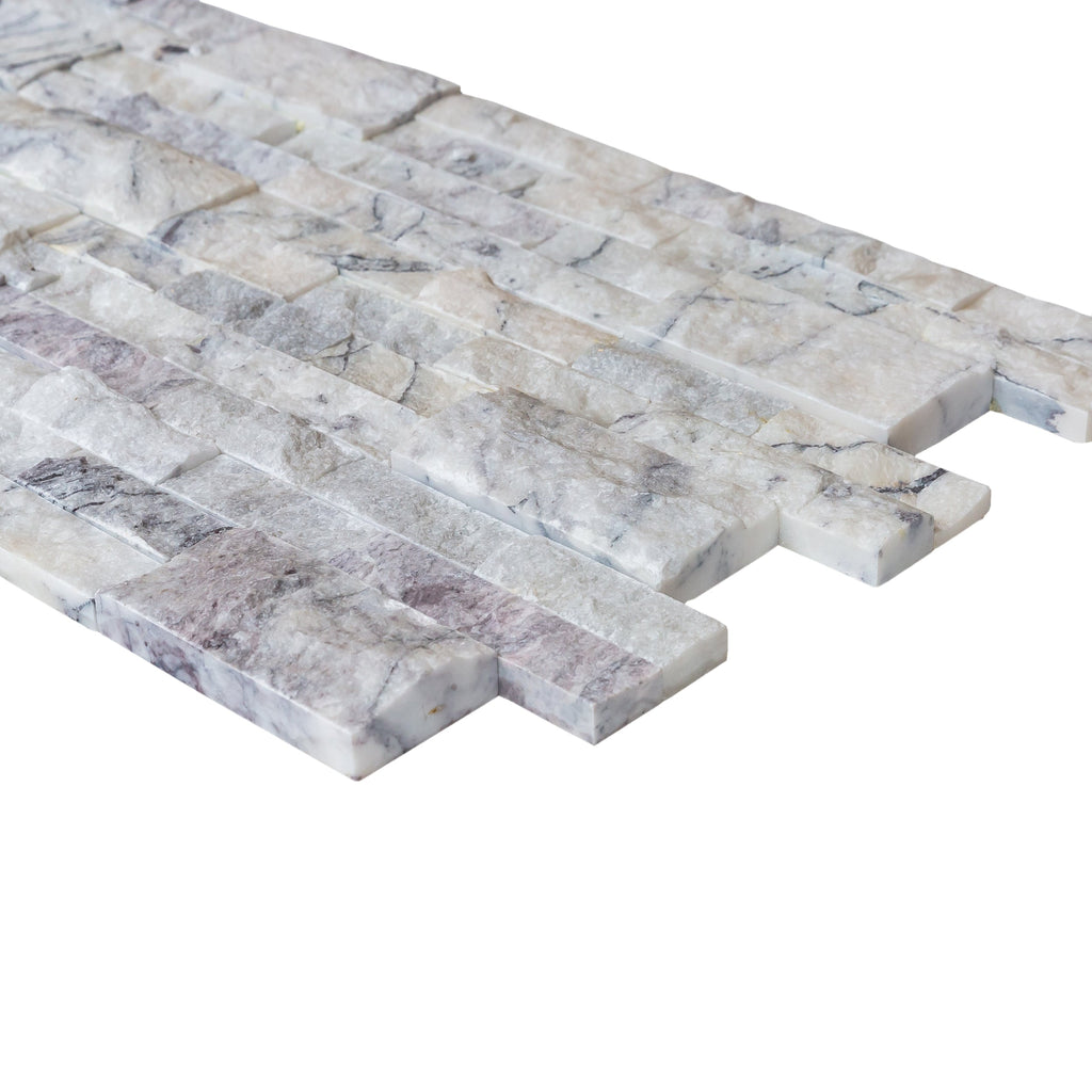 White Natural Marble Ledger 3D Panel Wall Tile 6x24 Inches with Grey Veining Turkish