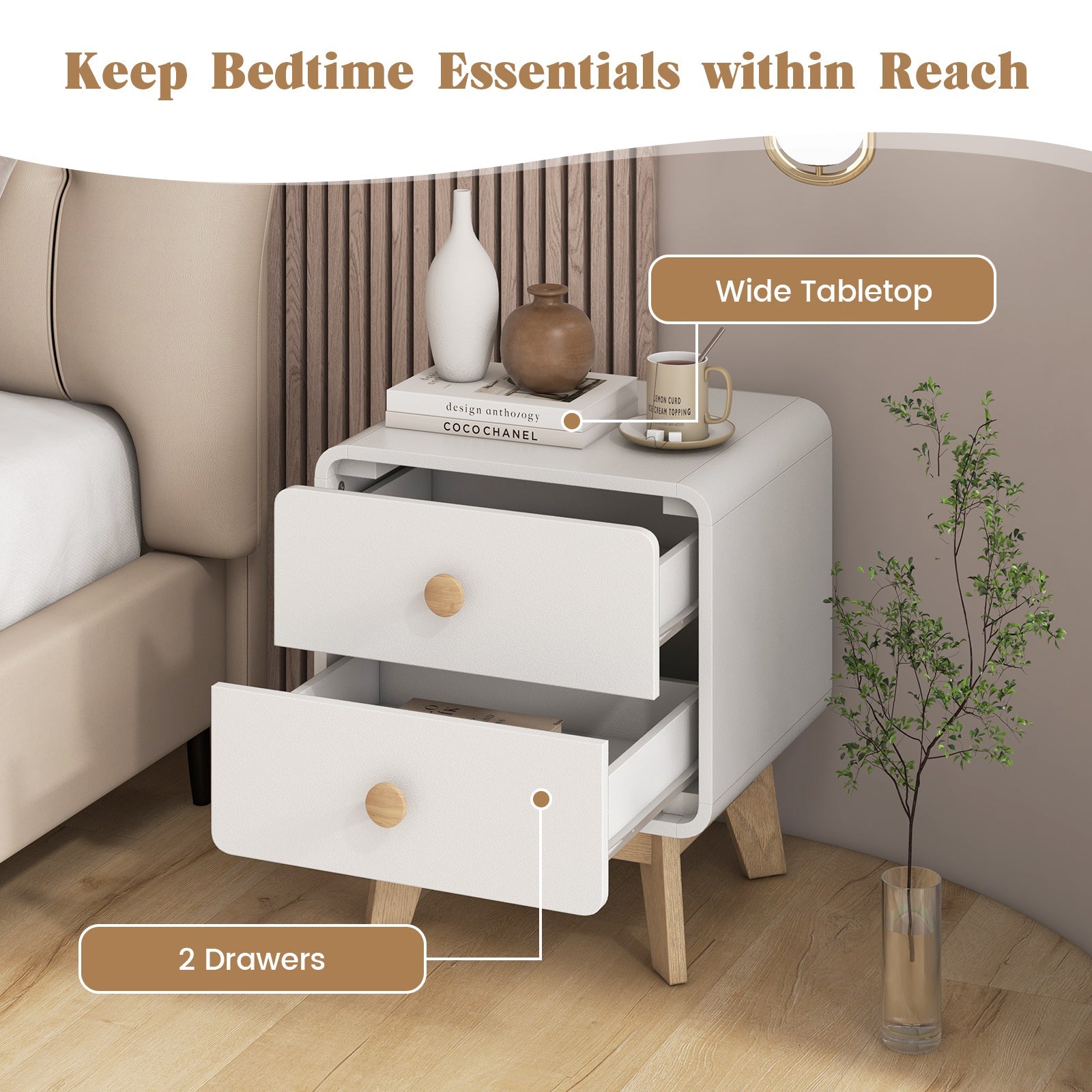 Nightstand with 2 Drawers Solid Rubber Wood Legs