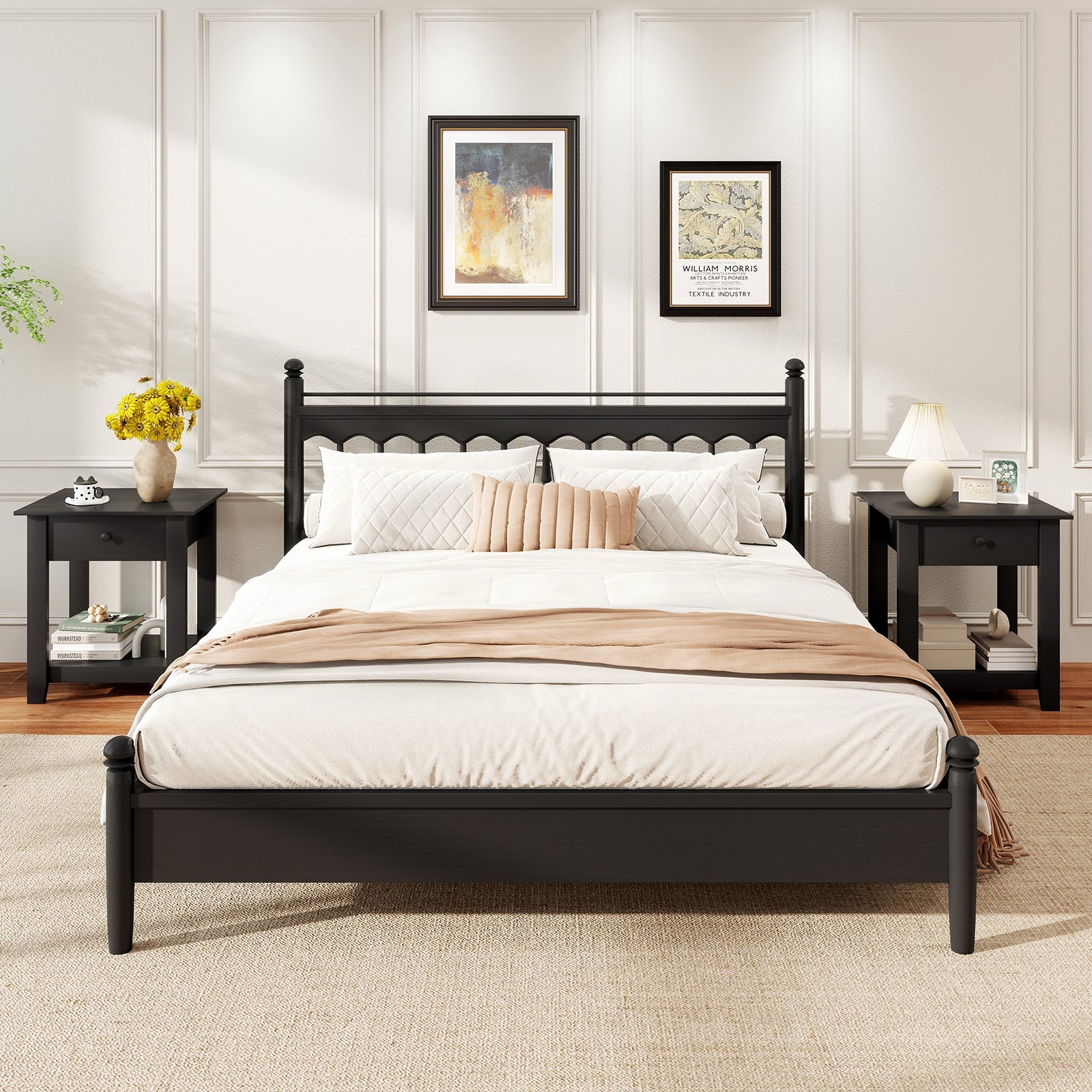 Set of 2 Nightstand with Drawer 3-Tier Modern Bedside Table with Open Shelf and Storage