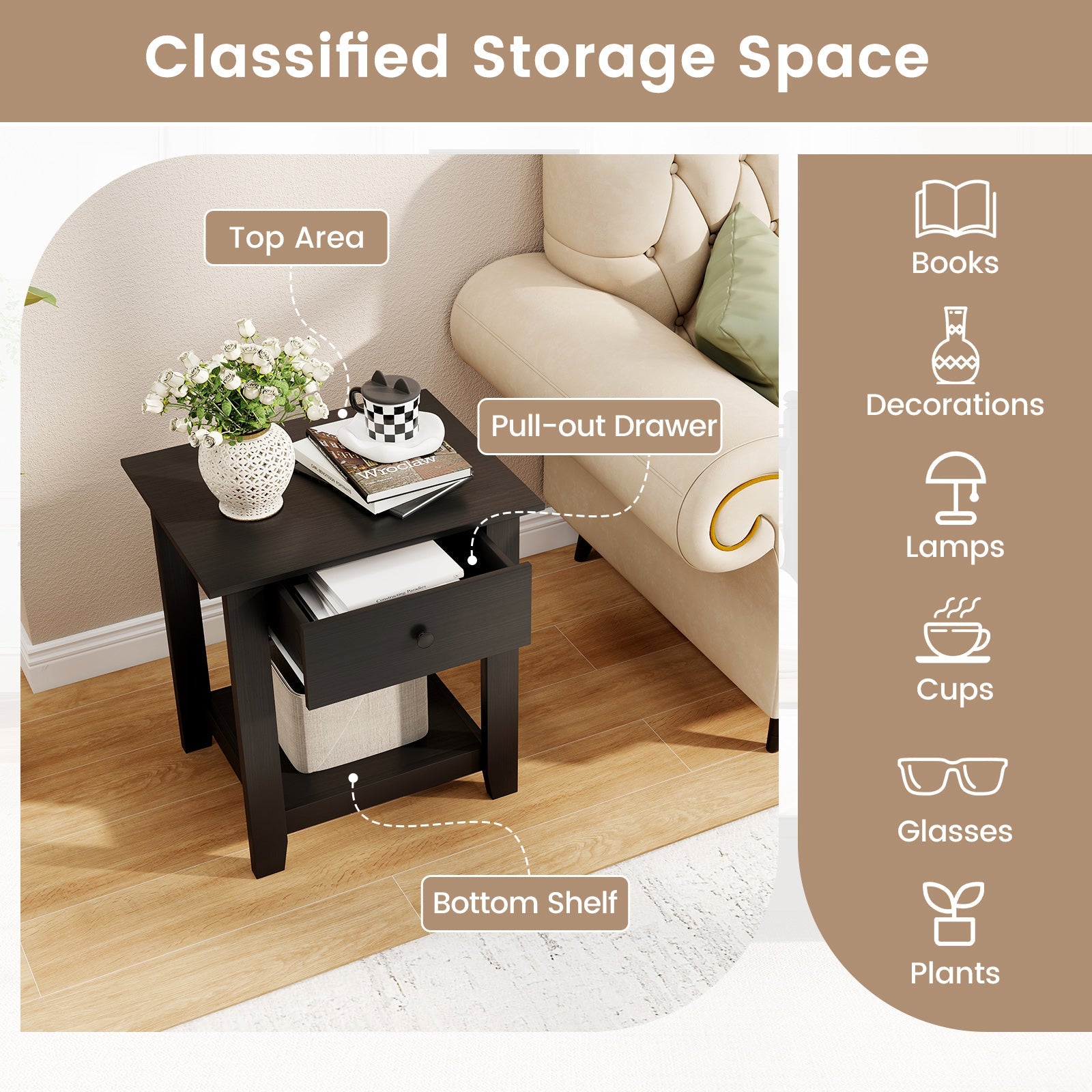 Nightstand with Drawer 3-Tier Modern Bedside Table with Open Shelf and Storage
