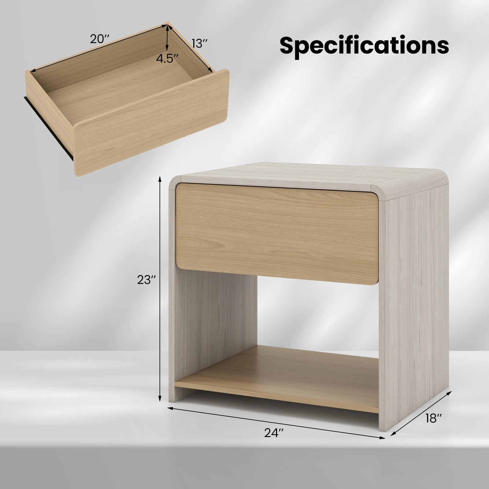 2-Tier Modern Style Nightstand with Drawer and Open Shelf-Oak
