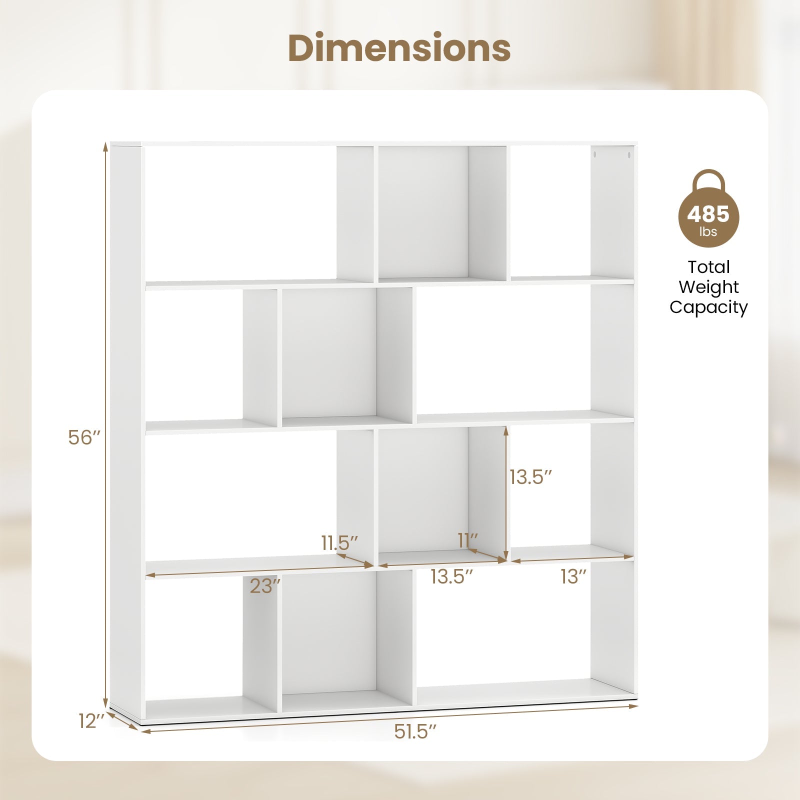 Open Shelf Bookcase 4-Tier Modern Bookshelf with 12 Storage Compartments-White