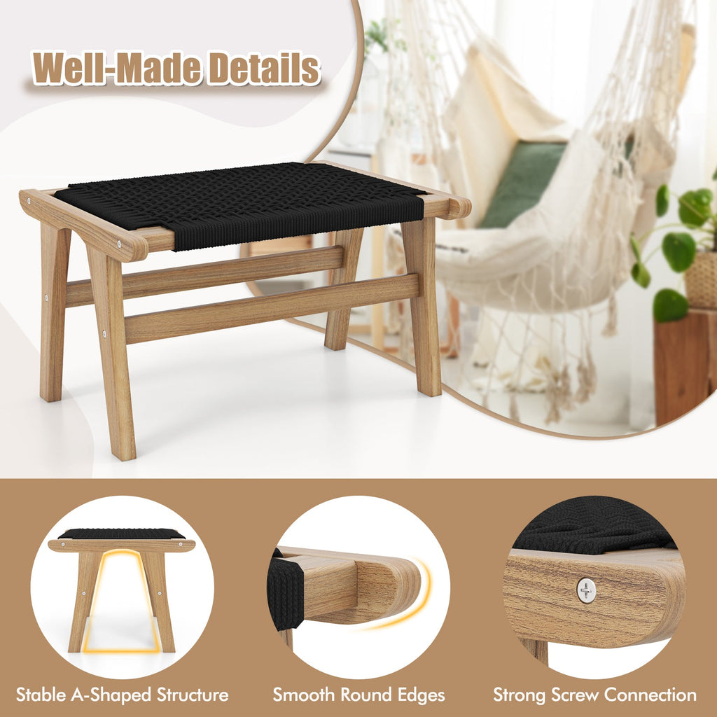 Indoor Outdoor Ottoman Footstool Teak Wooden Foot Rest with Handwoven Cordage