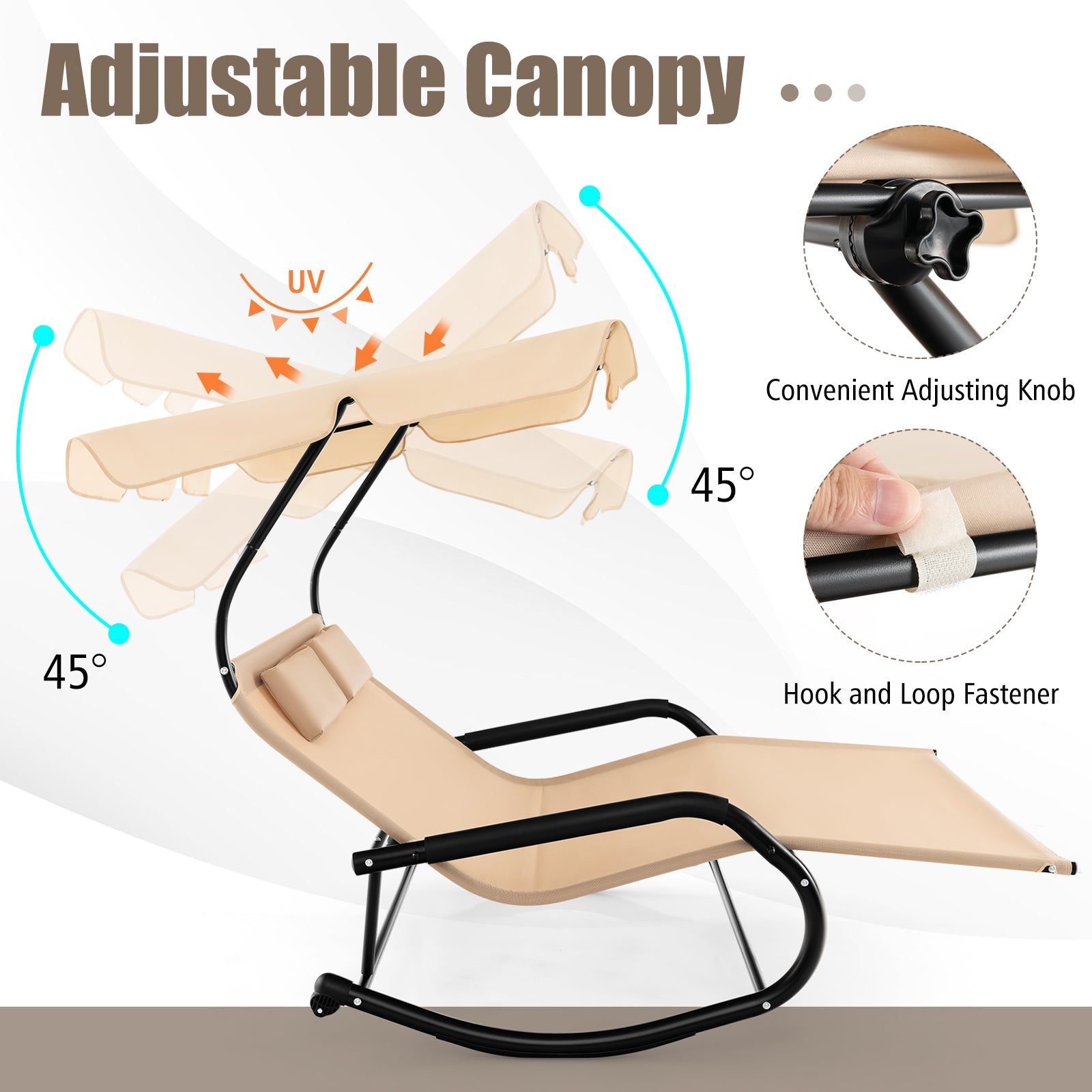 Outdoor 2 Persons Rocking Chaise Lounge with Canopy and Wheels-Beige