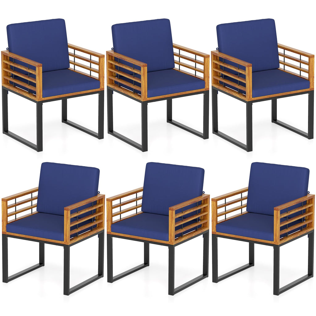Outdoor Acacia Wood Patio Dining Chairs Set of 6 with Seat Back Cushions-Navy