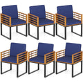 Outdoor Acacia Wood Patio Dining Chairs Set of 6 with Seat Back Cushions-Navy