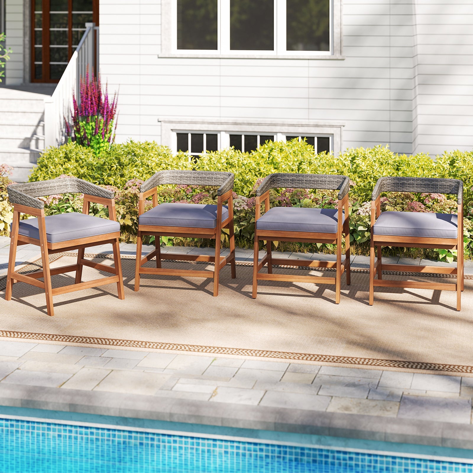 Outdoor Acacia Wood Patio Wicker Dining Chairs Set of 4 with Seat Cushion-Gray