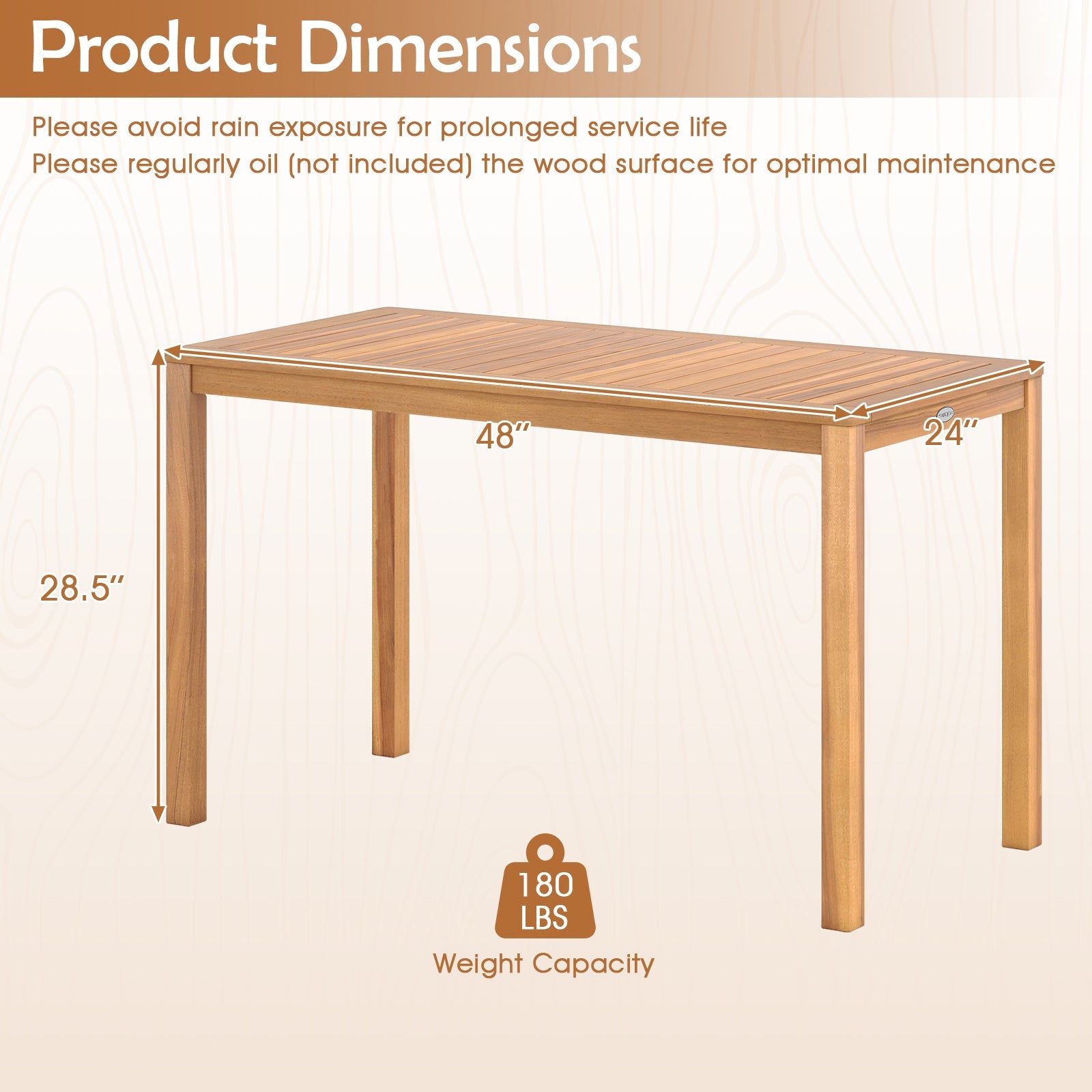 Outdoor Acacia Wood Dining Table with Slatted Tabletop for 4-6
