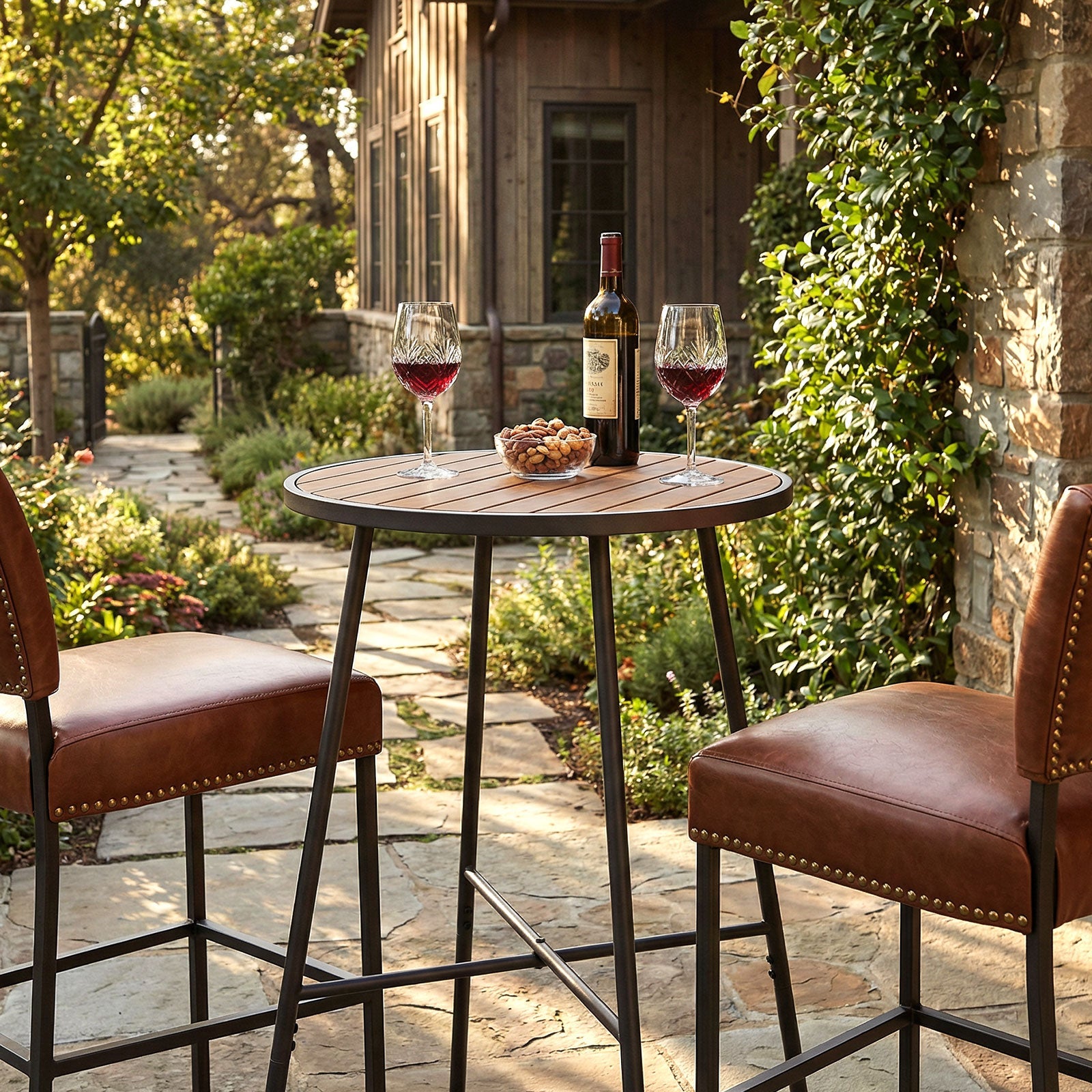 Outdoor Bar Table 41 inch Bar Height Patio Round Table with Acacia Wood Top and Metal Frame