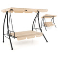 2-Seat Outdoor Convertible Swing Chair with Flat Bed and Adjustable Canopy-Beige