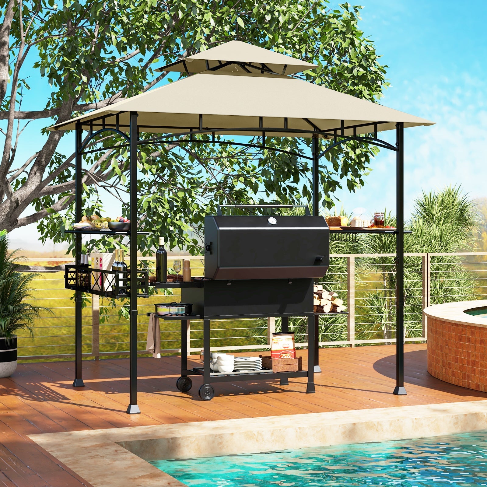 8 x 5 Feet Outdoor Grill Gazebo with 2 Side Shelves and 10 Hooks