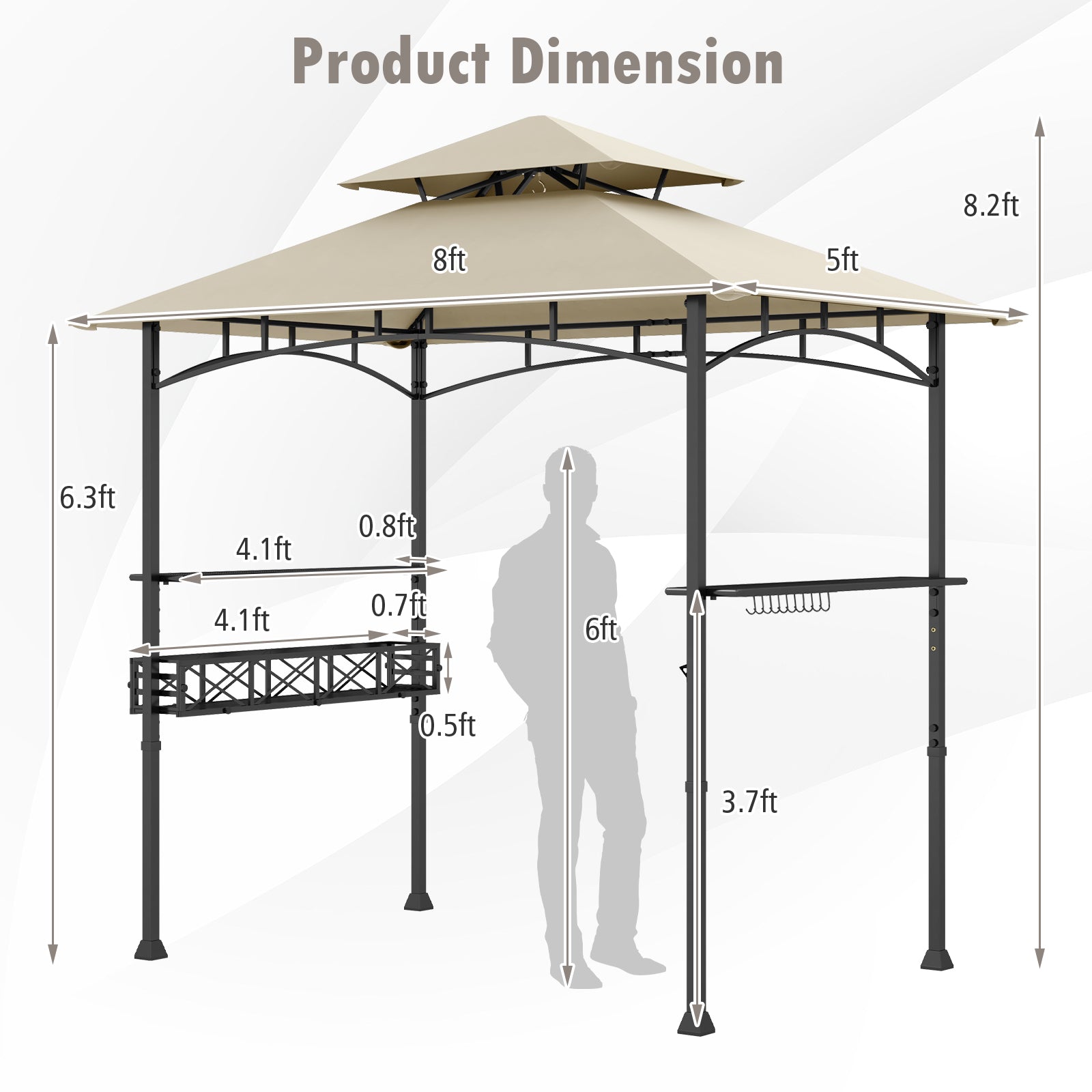 8 x 5 Feet Outdoor Grill Gazebo with 2 Side Shelves and 10 Hooks