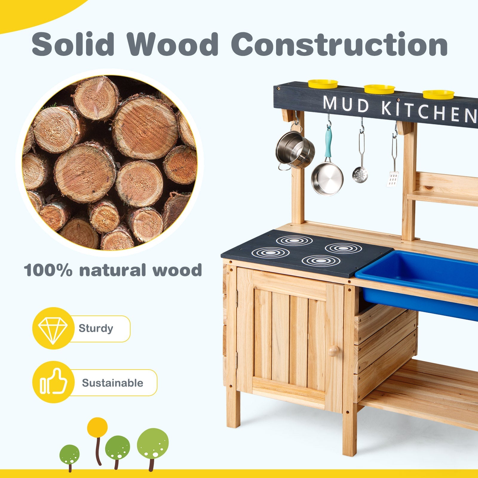 Outdoor Mud Kids Kitchen Playset Wooden Pretend Play Toy with Kitchenware