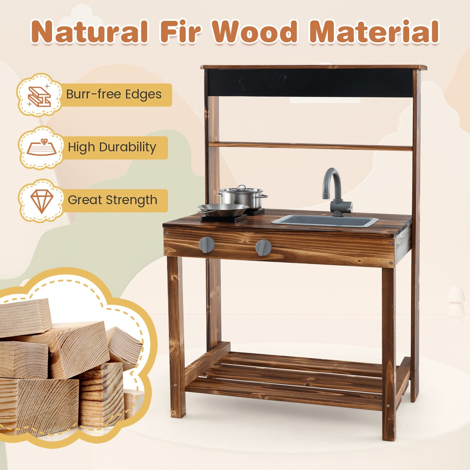 Outdoor Mud Kitchen for Kids with Rotatable Faucet and Removable Sink-Natural