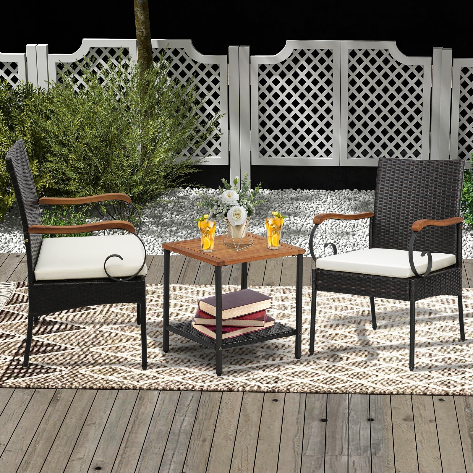 Set of 2/4 Outdoor PE Wicker Chair with Acacia Wood Armrests