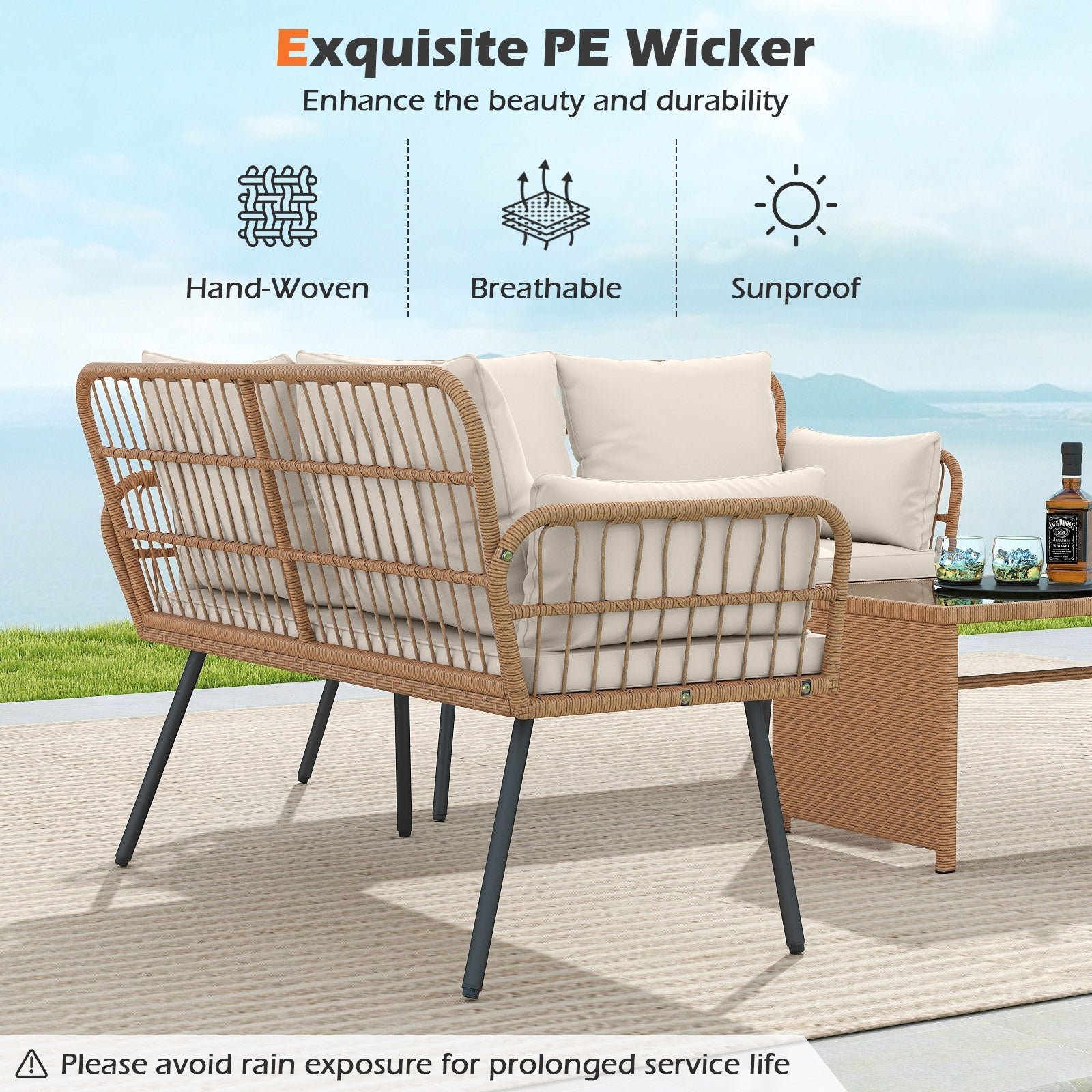 Outdoor Rattan 2-Seat Chair with Seat Back Cushions and Heavy-Duty Metal Legs