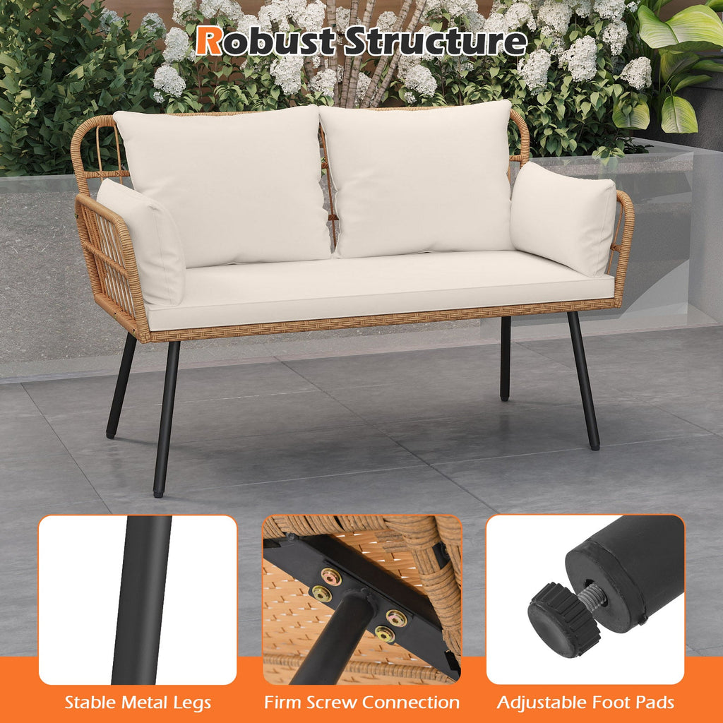 Outdoor Rattan 2-Seat Chair with Seat Back Cushions and Heavy-Duty Metal Legs