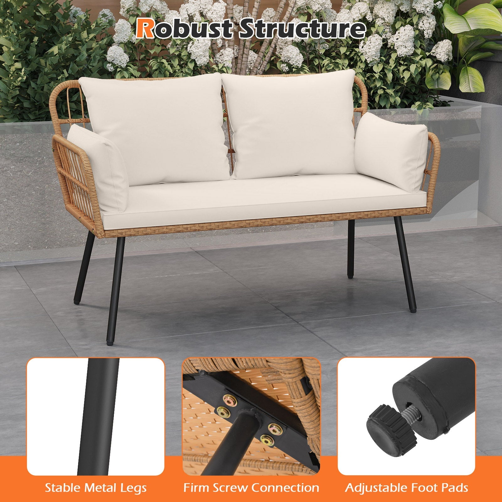 Outdoor Rattan 2-Seat Chair with Seat Back Cushions and Heavy-Duty Metal Legs