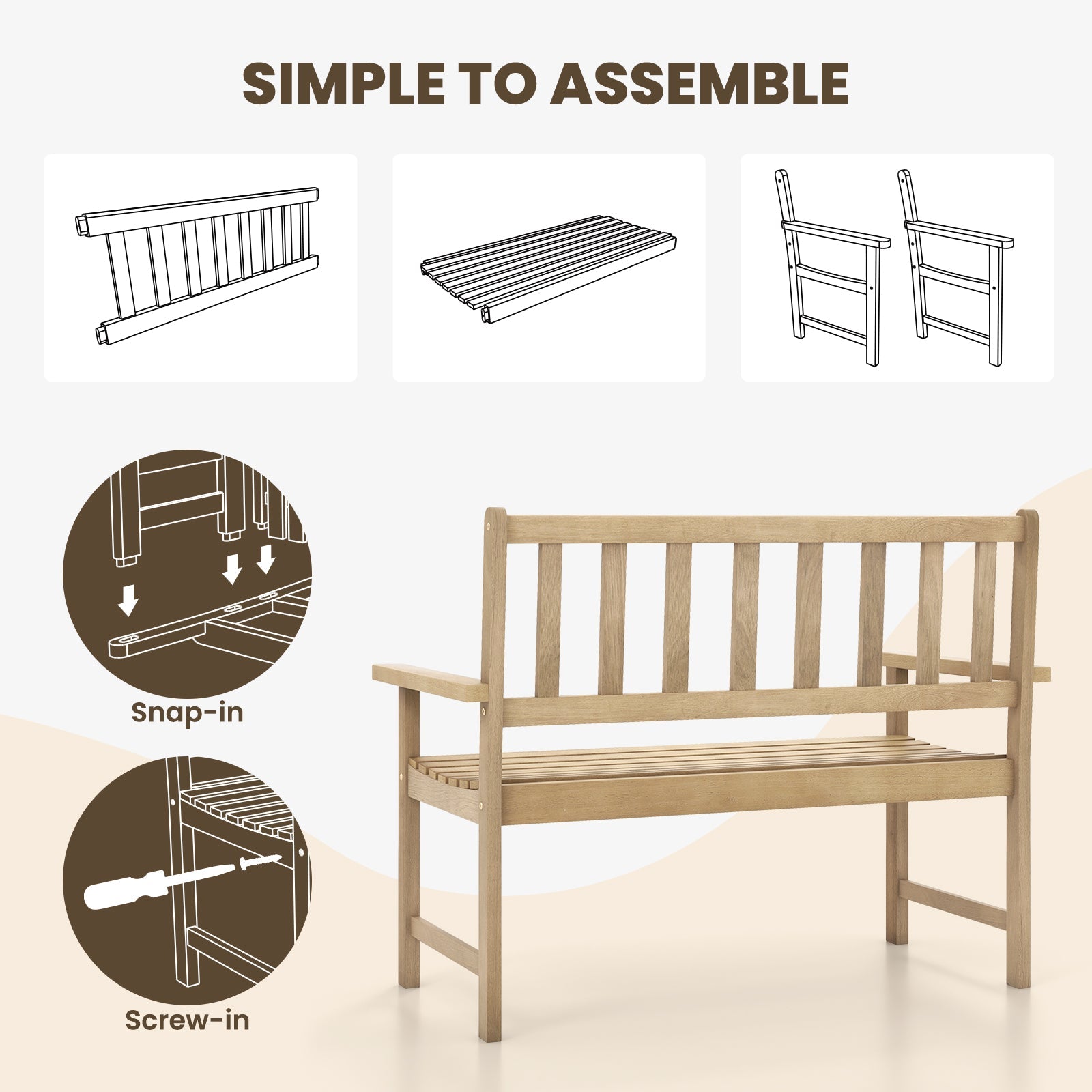 Outdoor Indonesia Teak Wood Garden Bench 2-Person with Backrest and Armrests