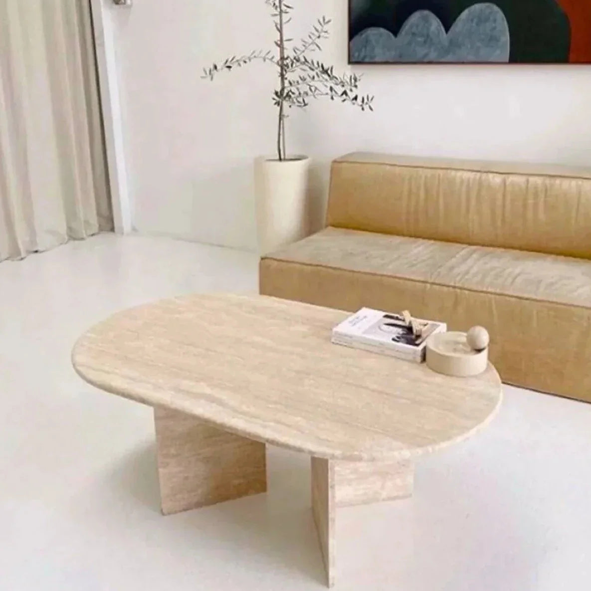Light Travertine Oval Handcrafted Coffee Table Polished Finish 24 x 48 x 16 Inches