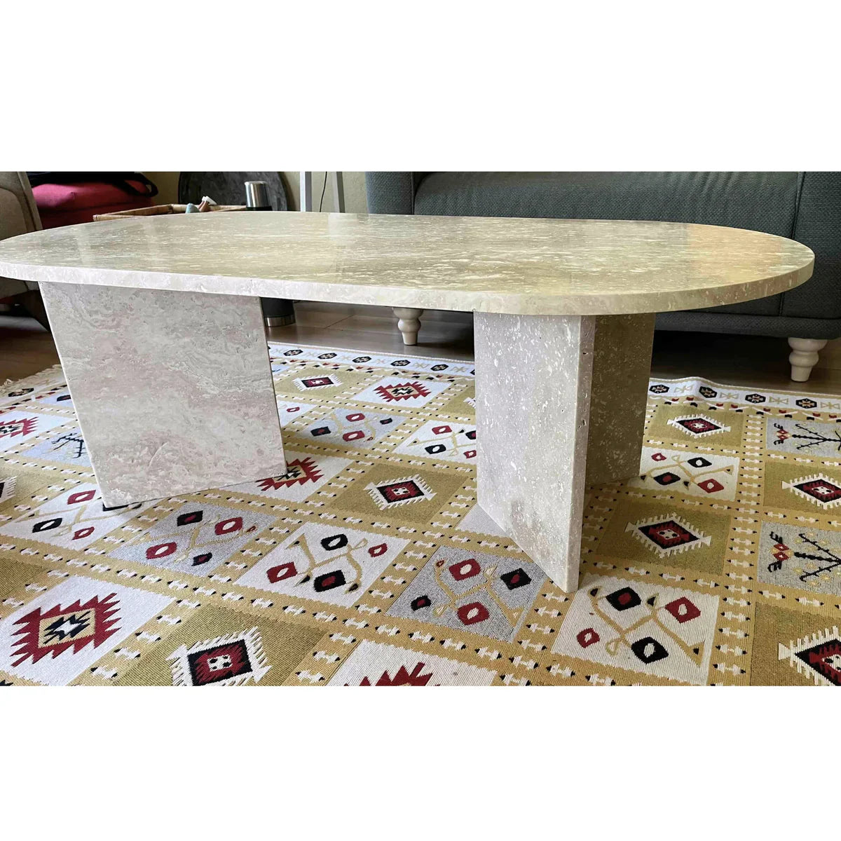 Light Travertine Oval Handcrafted Coffee Table Polished Finish 24 x 48 x 16 Inches