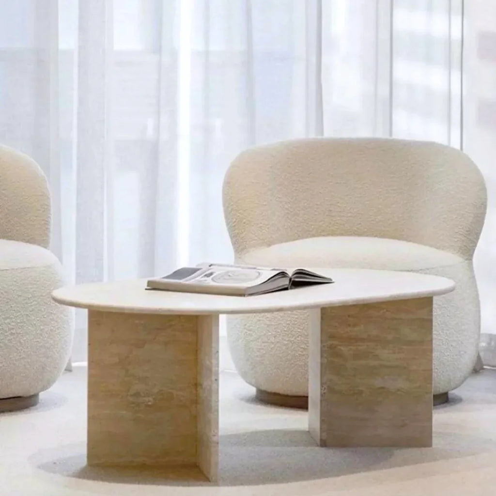 Light Travertine Oval Handcrafted Coffee Table Polished Finish 24 x 48 x 16 Inches