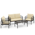 4 Pieces Outdoor Wicker Conversation Bistro Set with Soft Cushions and Tempered Glass Coffee Table-Beige