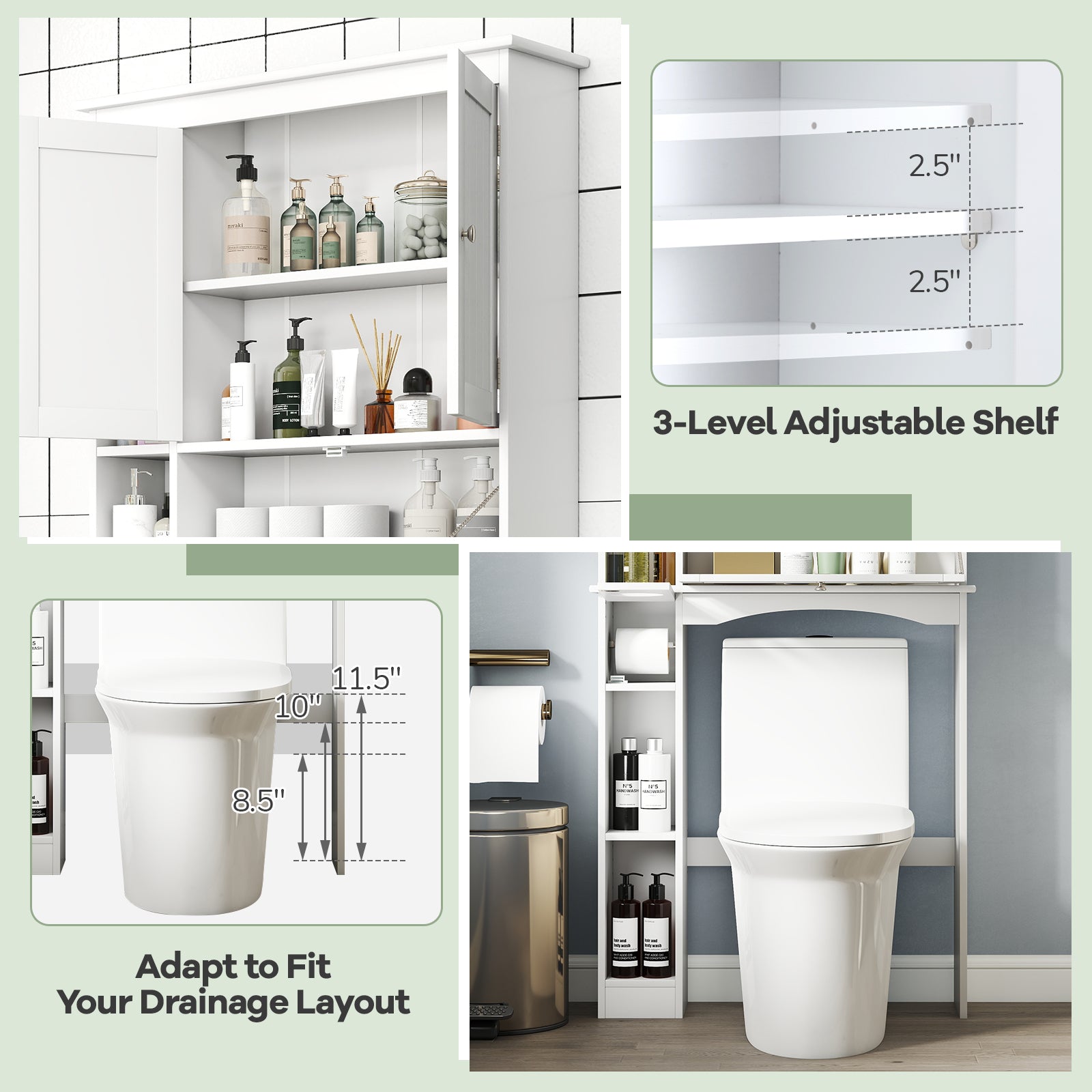 Over the Toilet Storage Cabinet with Adjustable Shelf and Bottom Bar-White