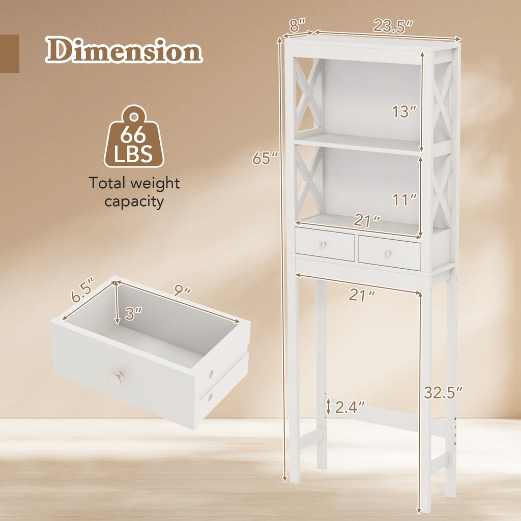 Over the Toilet Storage Rack Tall with Drawers Shelves and Adjustable Bottom Bar
