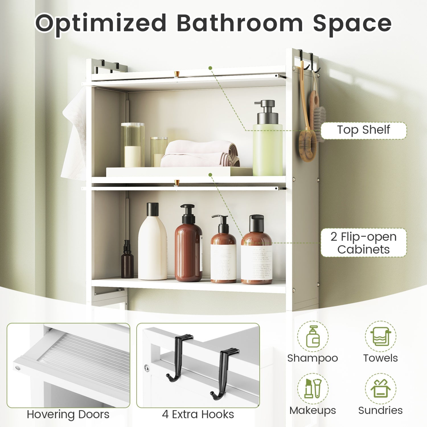 Over-the-toilet Cabinet Bathroom Organizer with 2 Flip-up Cabinets