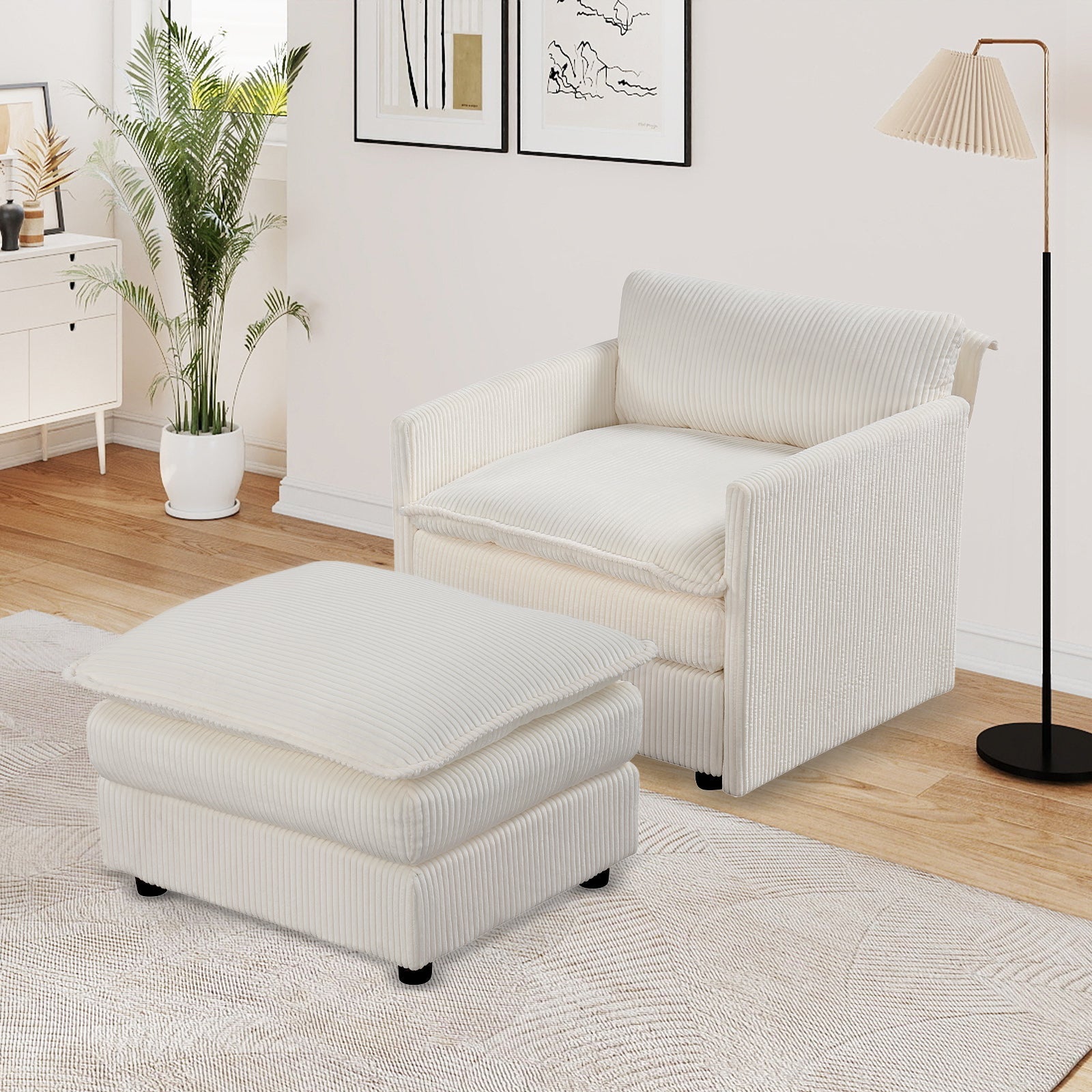 Oversized Accent Chair with Ottoman with Soft Corduroy Cushions-Beige