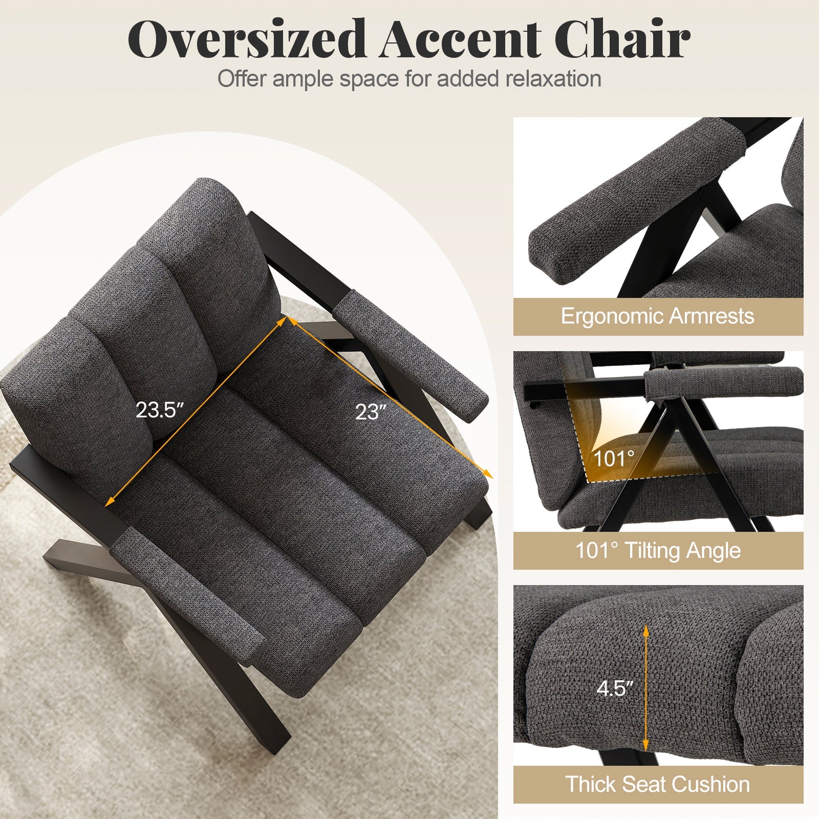 Oversized Accent Chair with Metal Frame and Armrests