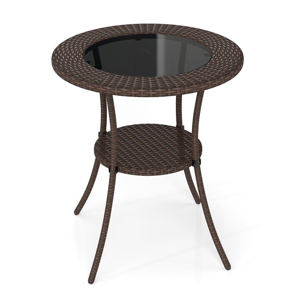 PE Wicker Patio Bistro Table Round with Tempered Glass Top and Shelf
