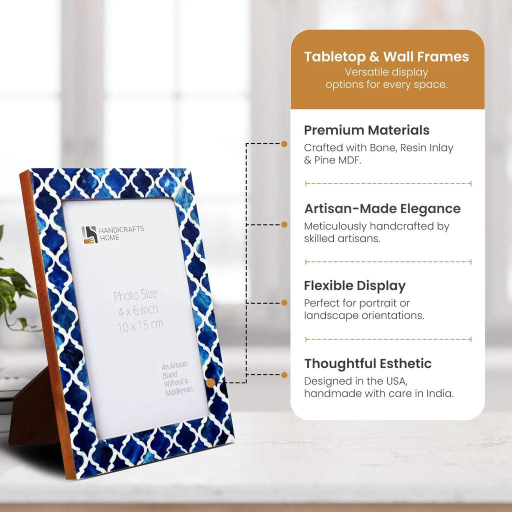 Picture Frame Moroccan Pattern Collection Bone & Resin Inlay Blue – 4 Sizes