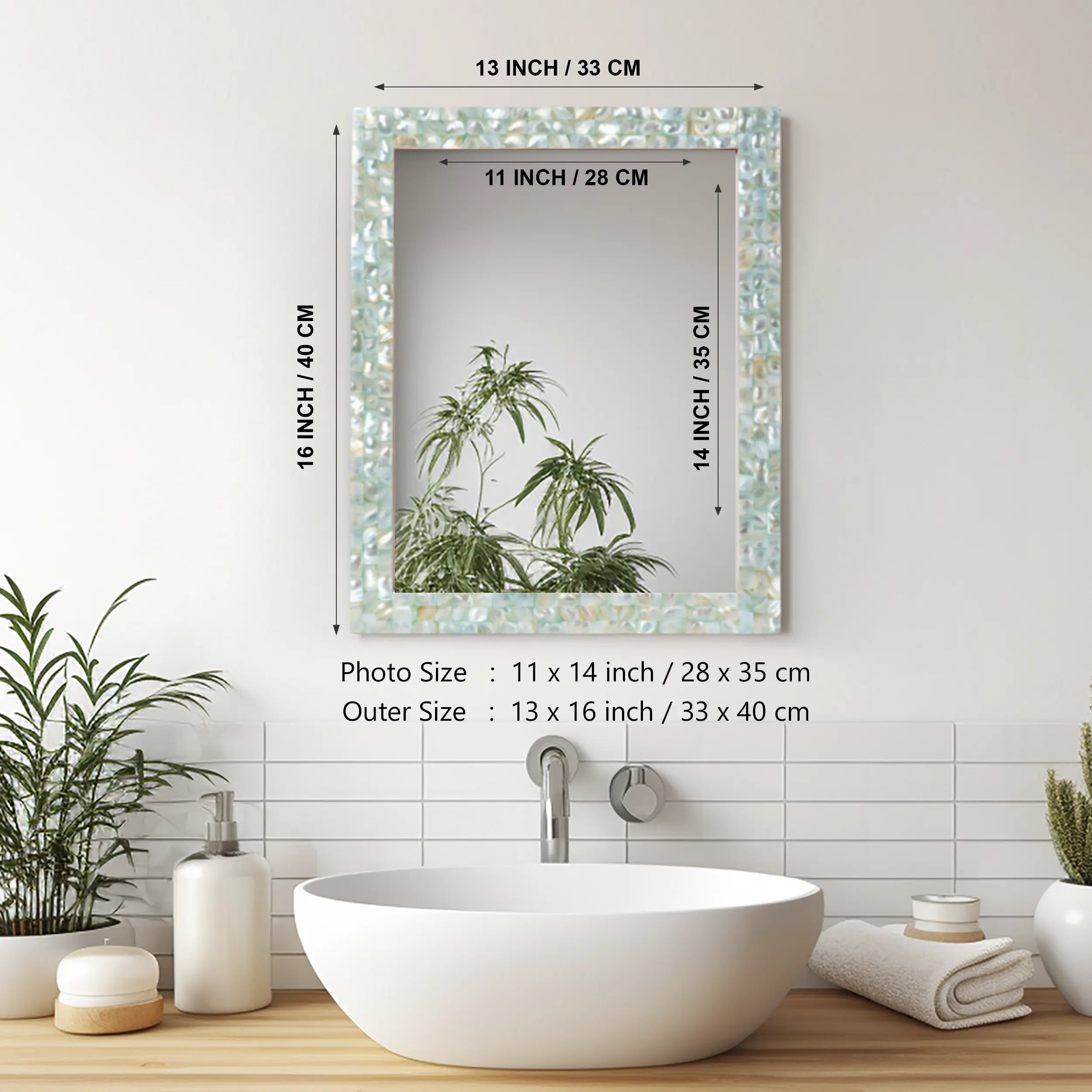 Mother of Pearl Mirror Frame with Mirror, Green, 18" x 24" (Made-to-Order)