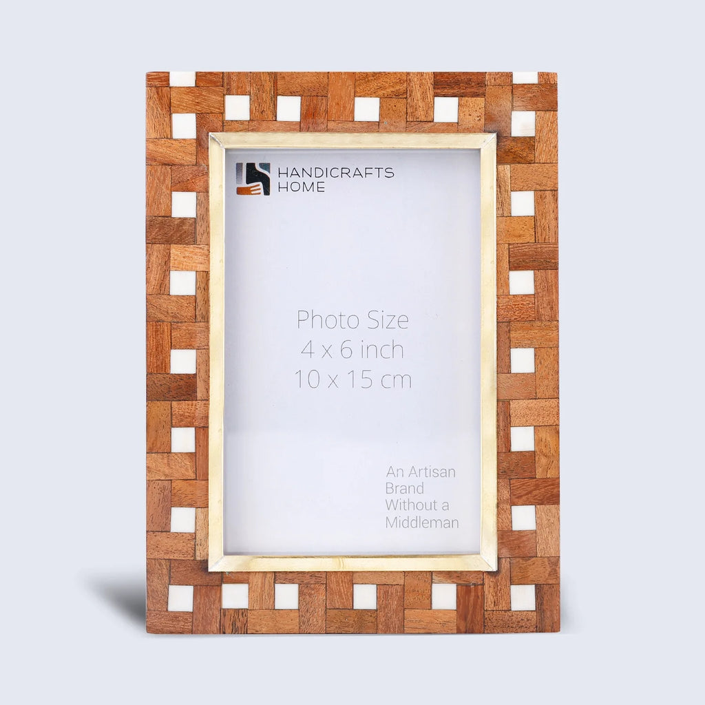 Picture Frame Halo Parquet Collection Brass, Resin & Wood Inlay Brown & White – 4x6 & 5x7"