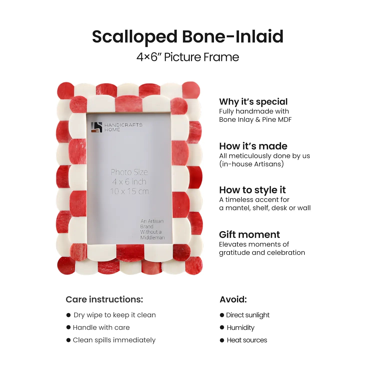 Picture Frame Scalloped Art Collection Bone Inlay Red White 3 Sizes