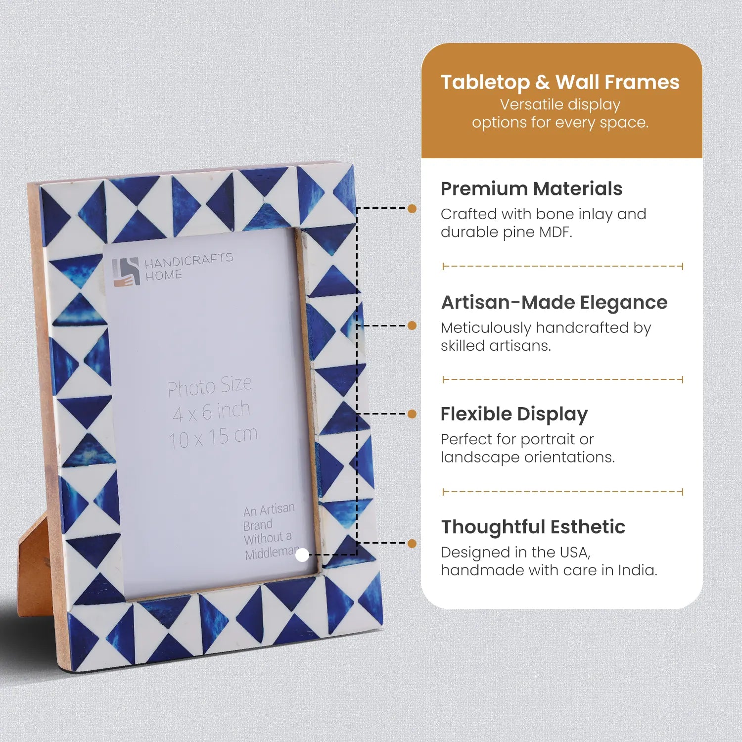 Picture Frame Indigo Pattern Collection Bone Resin Inlay Blue White 4x6