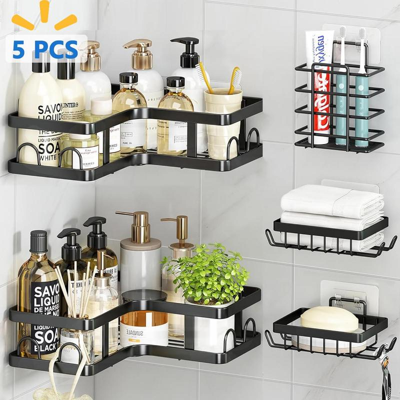 PHANCIR 5 PCS Corner Shower Caddy, No Drilling Stainless Steel Shower Storage Rack with Hooks & Toothpaste Holder for Bathroom, Black