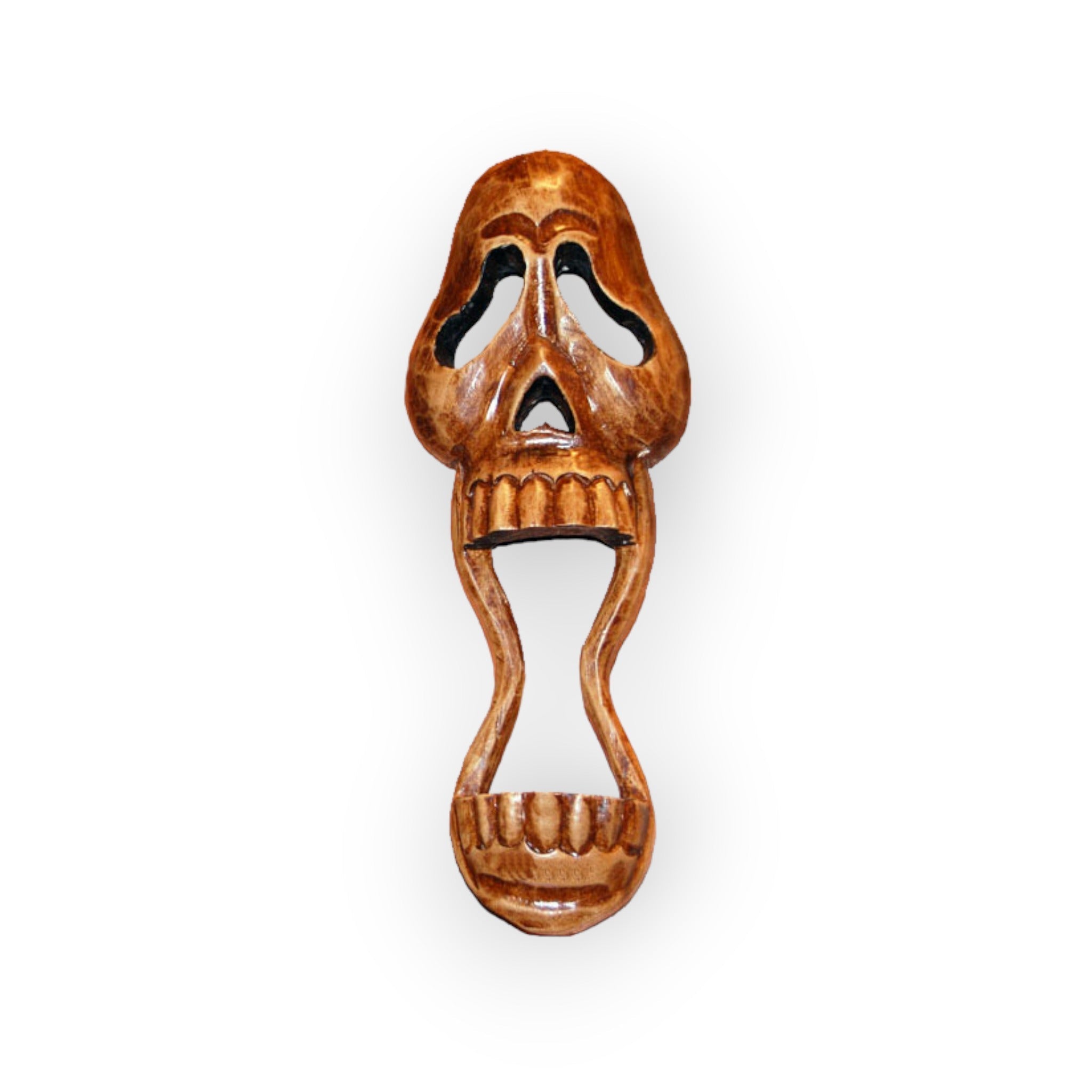 Wooden Skull Mask with Elongated Open Mouth 17" Tall