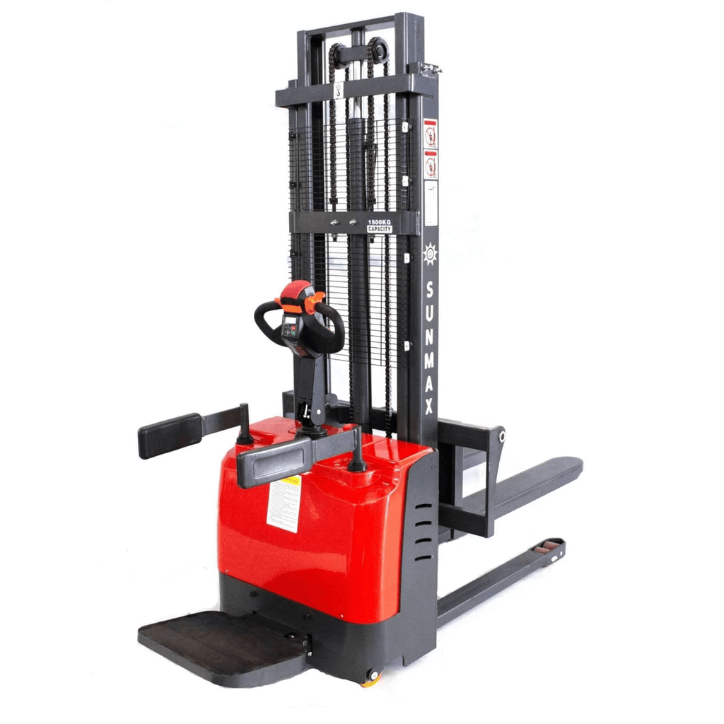 PS3300FE-3M Electric Pallet Stacker, 3300 lbs Capacity, 118″ Lifting Height, Work with Open-bottom Pallets